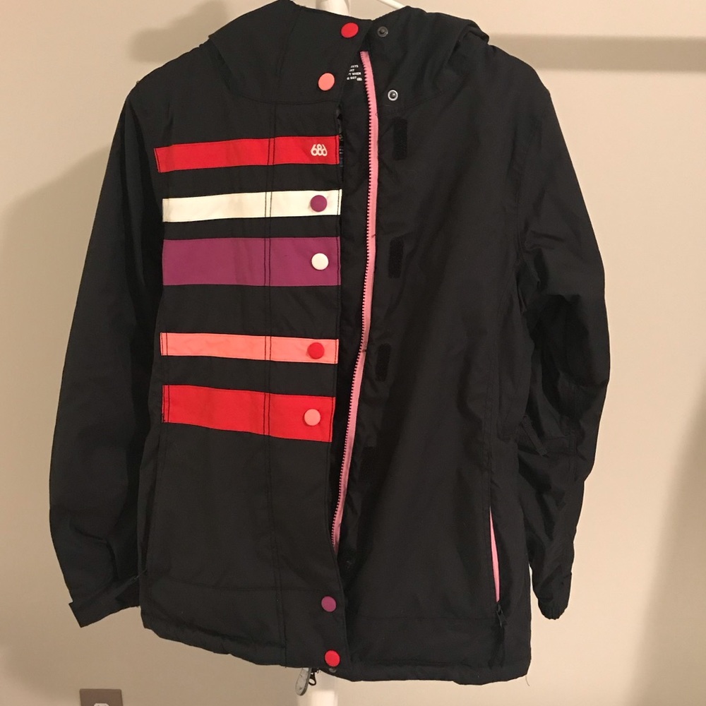 686 Black Utility Jacket with Red, Pink, Purple & White Stripe Accents